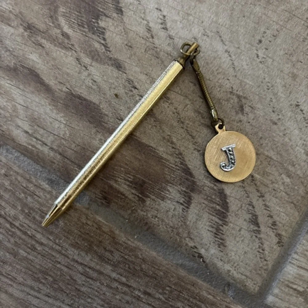 Antique Gold Tone Click Pen w/ J Pendant (needs New Ink Cartridge)